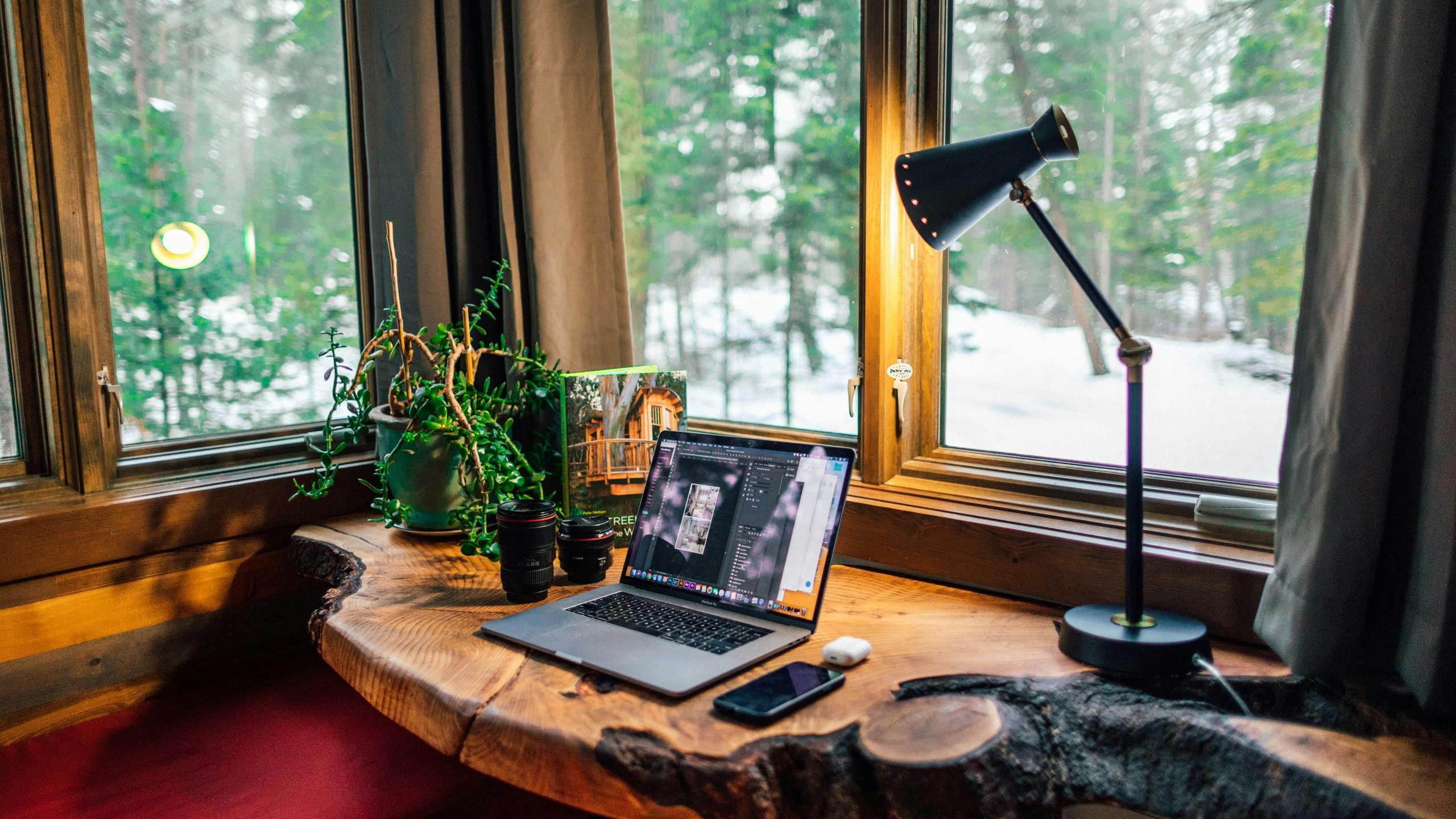 Home office overlooking snowy woods